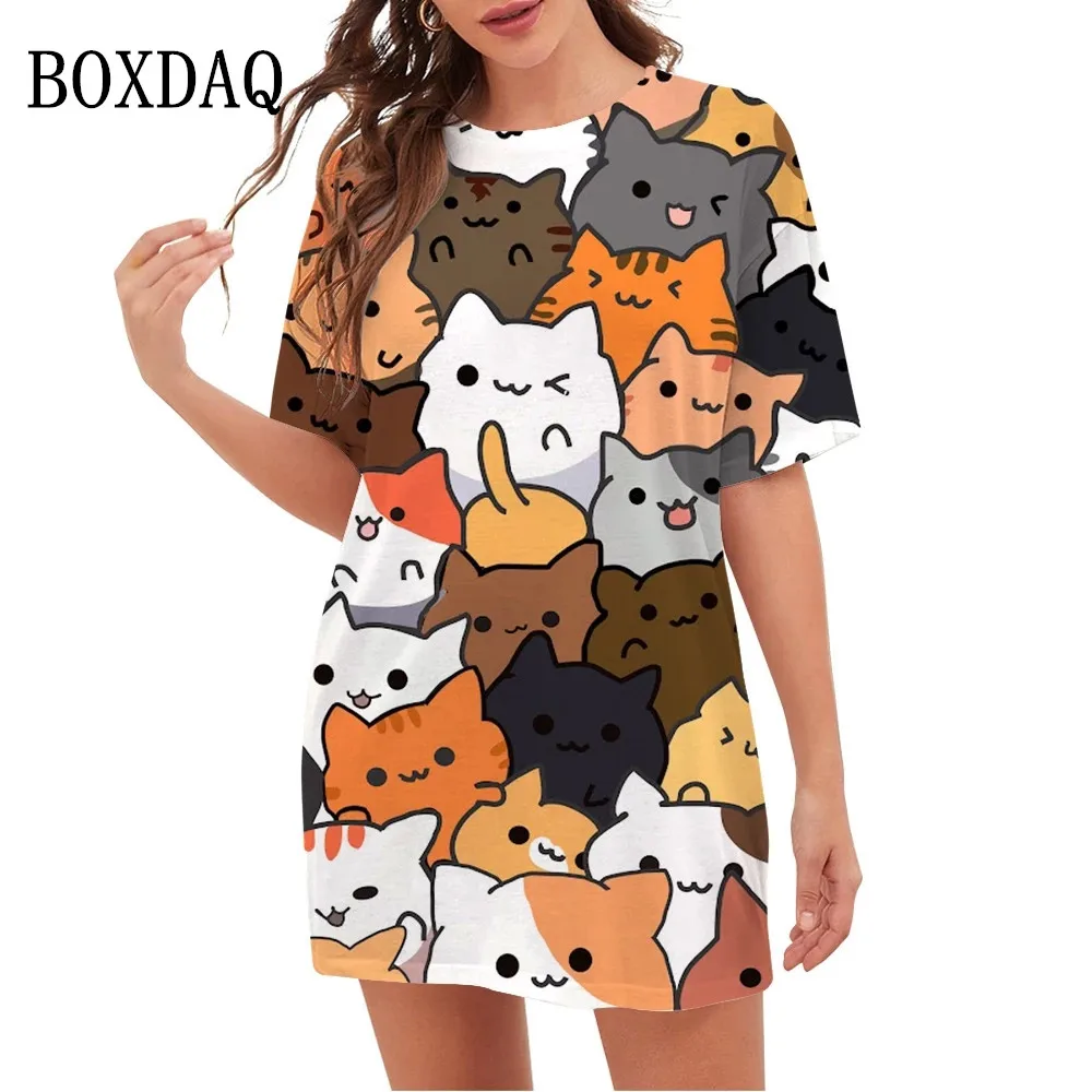 

Забавные женские платья с мультяшными кошками, модное летнее платье с коротким рукавом и 3D принтом, свободное повседневное летнее платье бо...