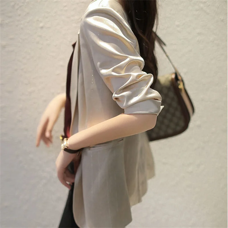 Women High-wind Bright Silk Stripe Triacetic Acid Suit Summer Slim Seven-point Sleeve Mint Green Suit jacket Thin Female Blazer