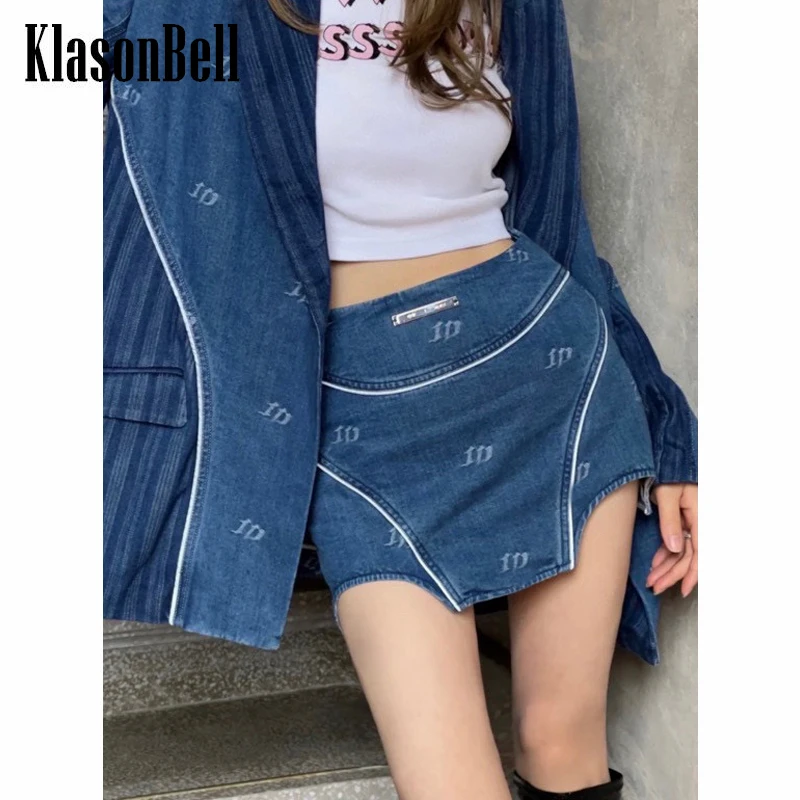 

5.7 KlasonBell Irregular Letter Jacquard Print Slim Mini Denim Skirt Women