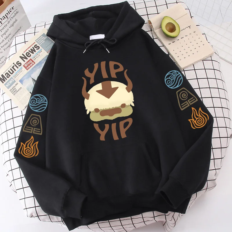 

Avatar The Last Airbender Hoodie Men Women Appa YIP Letter Print Long Sleeve Spring Autumn Black Anime Top Sweatshirt Loose