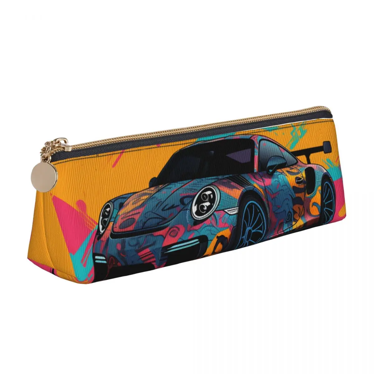

Classic Sports Car Leather Pencil Case Simplified Form Graffiti Retro Zipper Pencil Box Back to School Boy Girl Triangle Pen Bag
