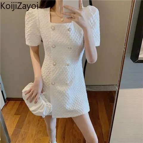 

Koijizayoi office lady fashion summer mini short dress short sleeves square collar dresses chic korean single breasted vestidos