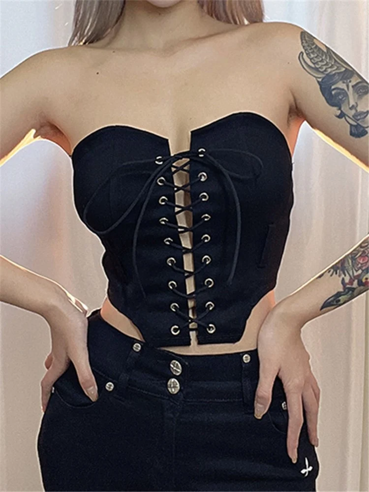 

Women Strapless Tank Tops Club Bandage Solid Color Cute Backless Y2k Fashion Cropped Top Young Girl Skinny Black Bustier Top