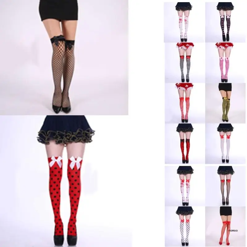 Элегантные женские гольфы выше колена с бантами украшенные ажурными полосатыми