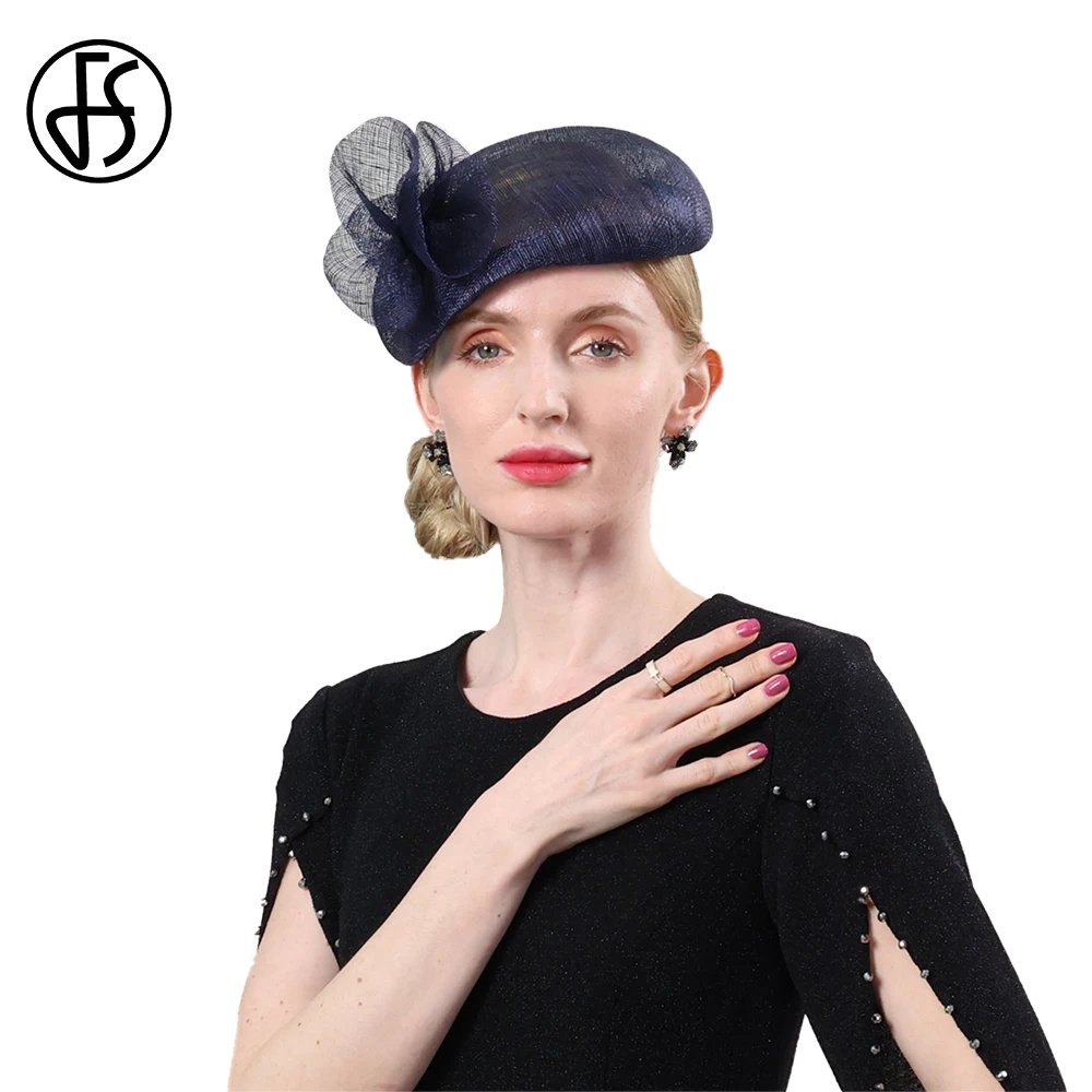 FS 2023 Summer Sinamay Beret Navy Blue Hats Fascinators For Luxury Women With Veil Lady Cap Elegant Cocktail Tea Party Headdress