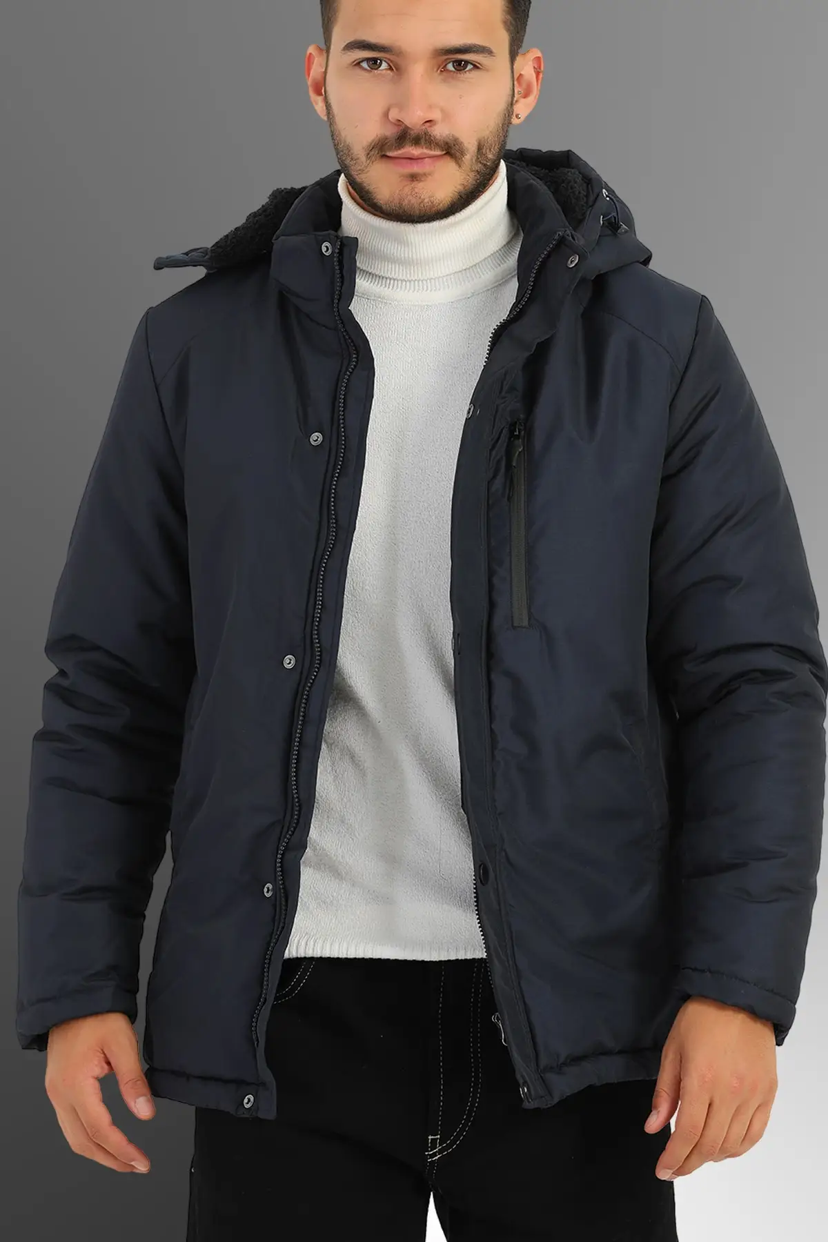 Men's Fleece Lined Detachable Hooded Waterproof Navy Blue Coat