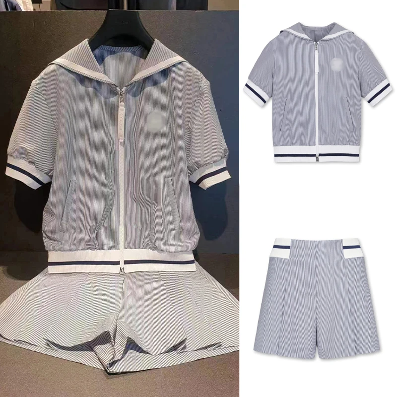 

Women's Golf Apparel Korean 23 Summer Navy Stripe Breathable Short Sleeve Coat Ruffled Top Shirt and Shorts Set