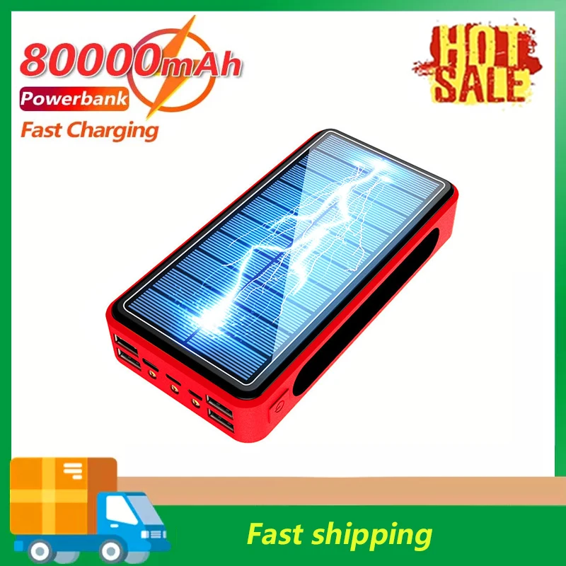

Large Capacity 80000mAh Solar PowerBank with 4USB Port LED Light Power Bank External Battery Fast Charging for Xiaomi IPhone