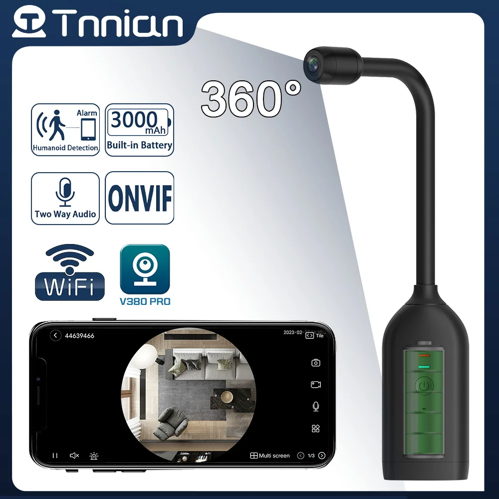 Tnnian 5MP 360° Panoramic WIFI Mini Camera Built-in Battery AI Humanoid Detection VR Fisheye Ultra Wide Angle IP Camera V380