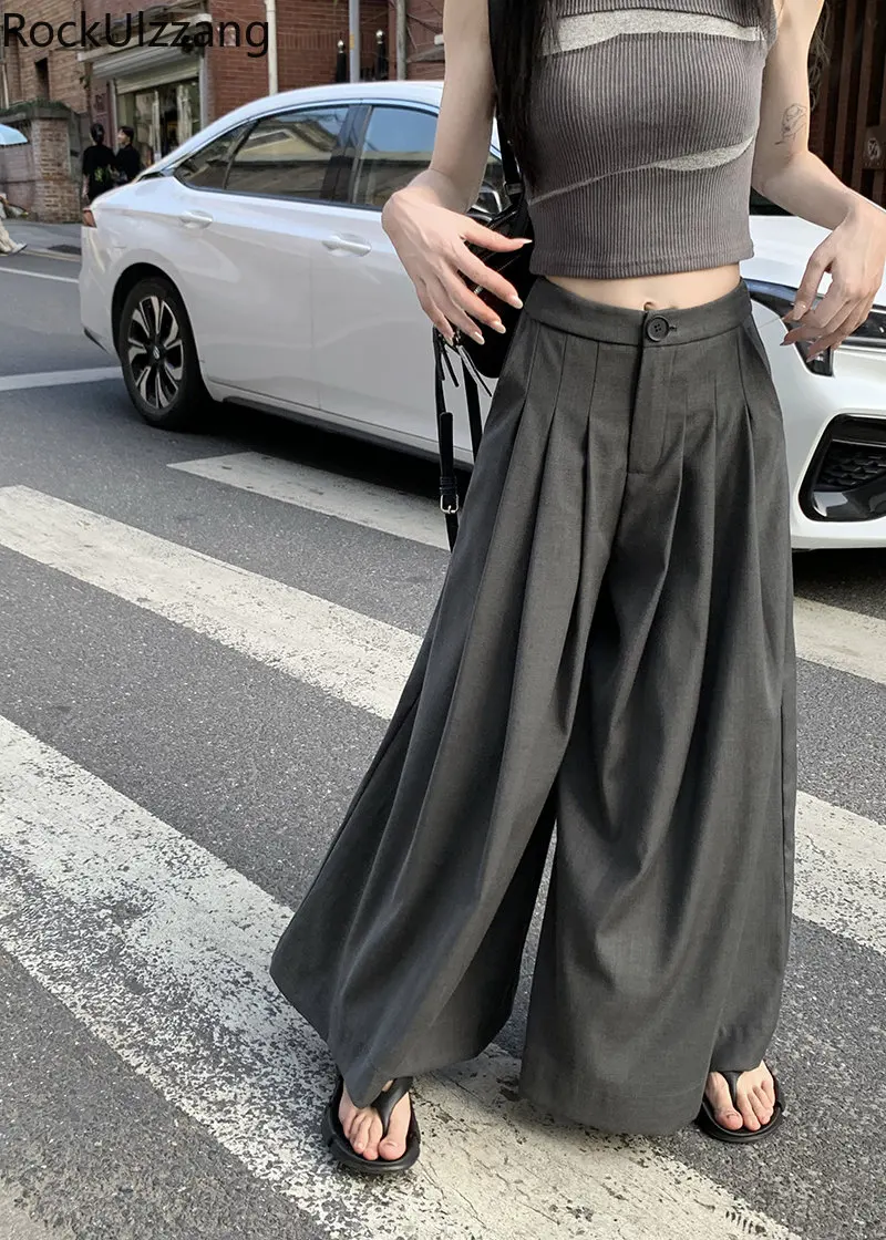 Front Pleated Skirt-Style Gray Pant Wide Leg Baggy Straight High Waist Trouser y2k women pants 2023 korean fashion summer cloth