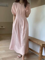 one piece korean womens dresses for summer 2022 japanese simple woman dress o neck puff sleeves pleated solid dress daily dress