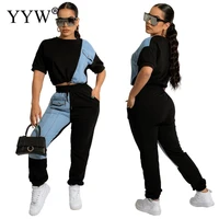 ladies sports casual denim panel suit summer fashion trendy wear short sleeve long pants 2 piece sets womens outfits clothing
