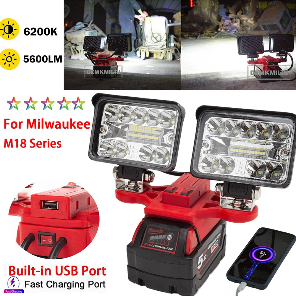 

Portable Work light Camping LED Work Light For Milwaukee XC Batteries 18V 20V (5600LM) 2 Head-w/USB Super Bright Rechargeable