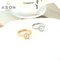 asonsteel gold color stainless steel vintage size 6 9 simple squire base pearl ring for women girls 2022 trendy office daily