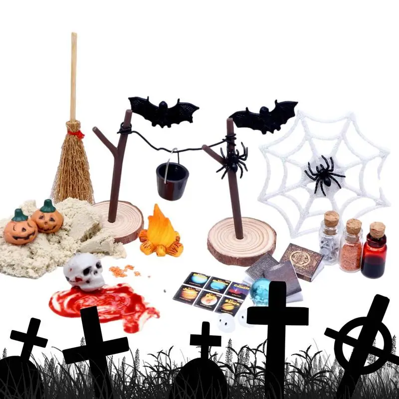 

Halloween Dollhouse Miniatures Halloween Horror Toy Set With Pumpkin Skulls Heads Bat Figurine 27 Pieces Mini Halloween Garden