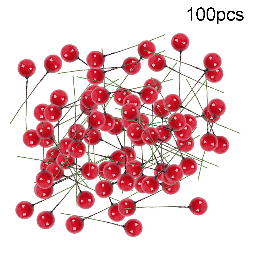 

100pcs Faux Red Fruit Bunch Simulate Red Fruit Dried Flower Artificial Fake Holly Berry Xmas Tree Festival DIY Wreath Decoration