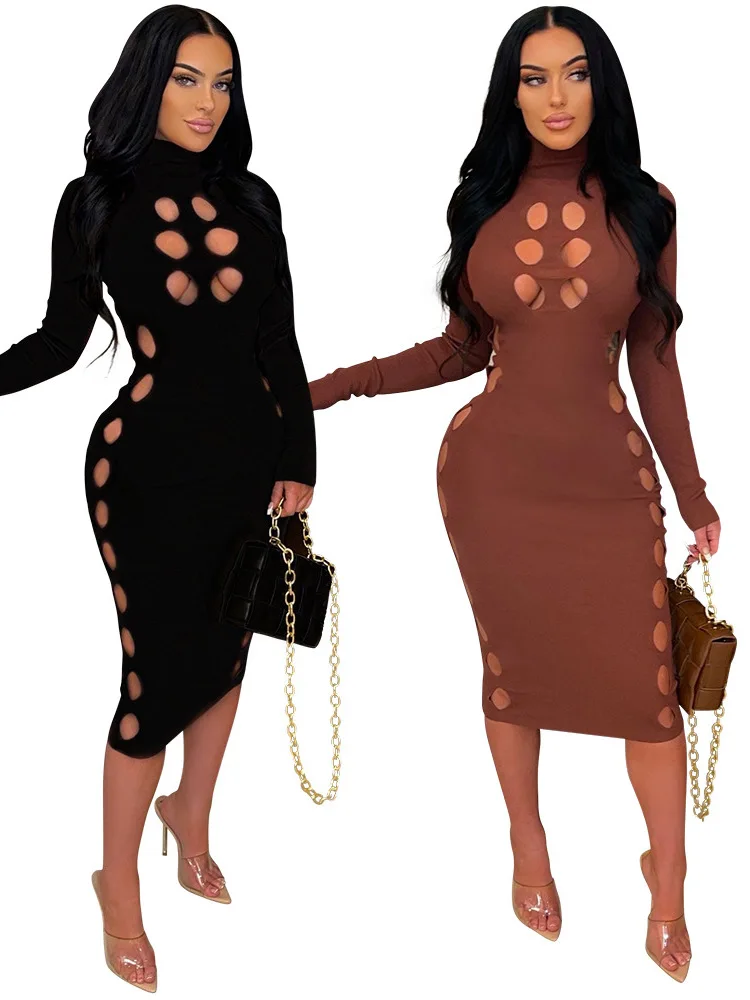 

Женское облегающее платье с высоким воротником, вечернее платье вечерние длинным рукавом, облегающее платье с вырезами, зима 2022