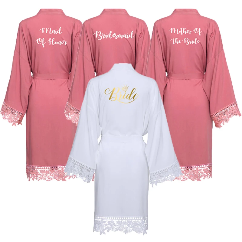 Owiter 2019 Dusty Pink Solid Cotton Kimono Robes w/ Lace Trim Women Wedding Bridal Robe Short Belt Bathrobe Sleepwear White Gown