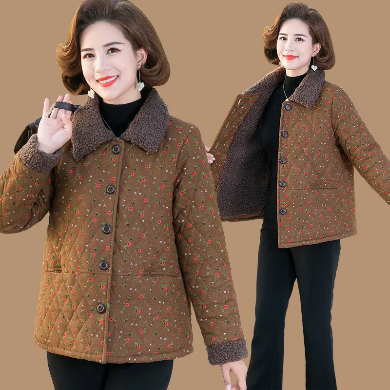 XL-5XL Middle-Aged Mother Parkas Retro Short Floral Cotton-Padded Coat Lapel Collar Women's Winter Jacket Jaqueta Feminina