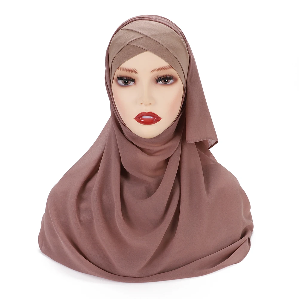 Instant Hijabs Chiffon Hijab Scarf With Cross Jersey Caps Bonnet Brand Design Muslim Scarf