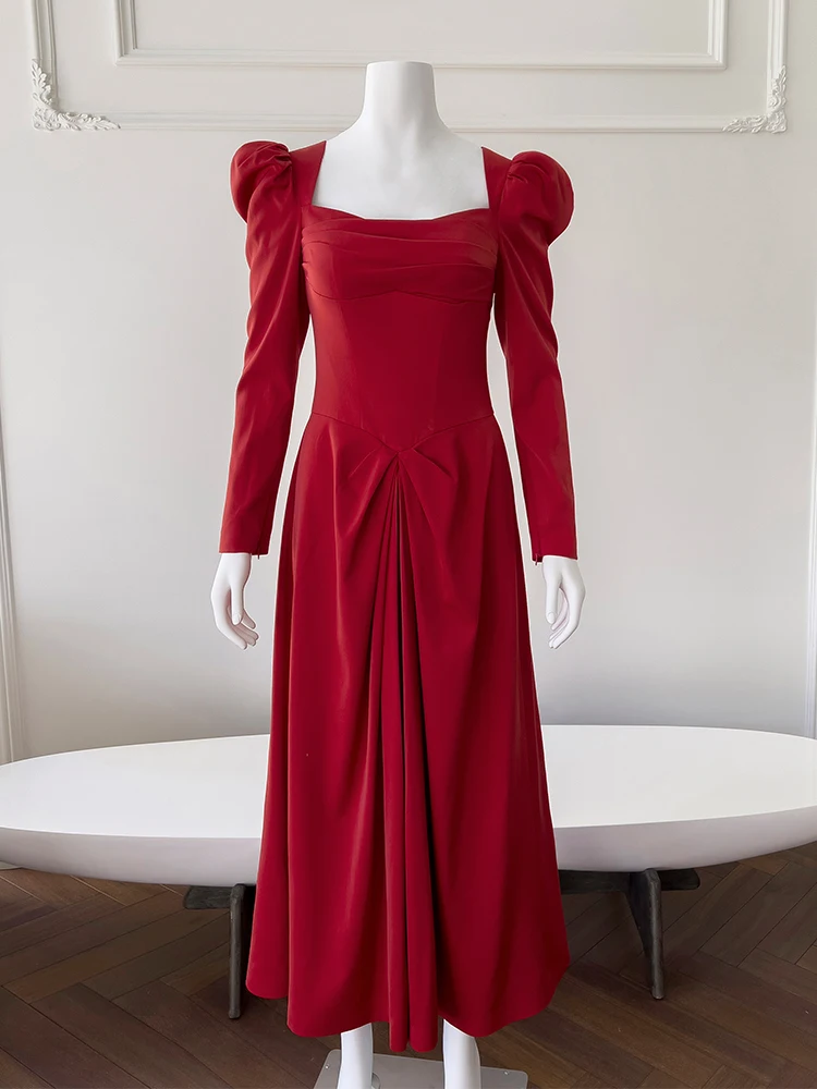 

YIGELILA Fashion Women Red Long Dress Elegant Square Collar Puff Sleeve Dress Empire Slim Solid Dress Ankle-length 67708
