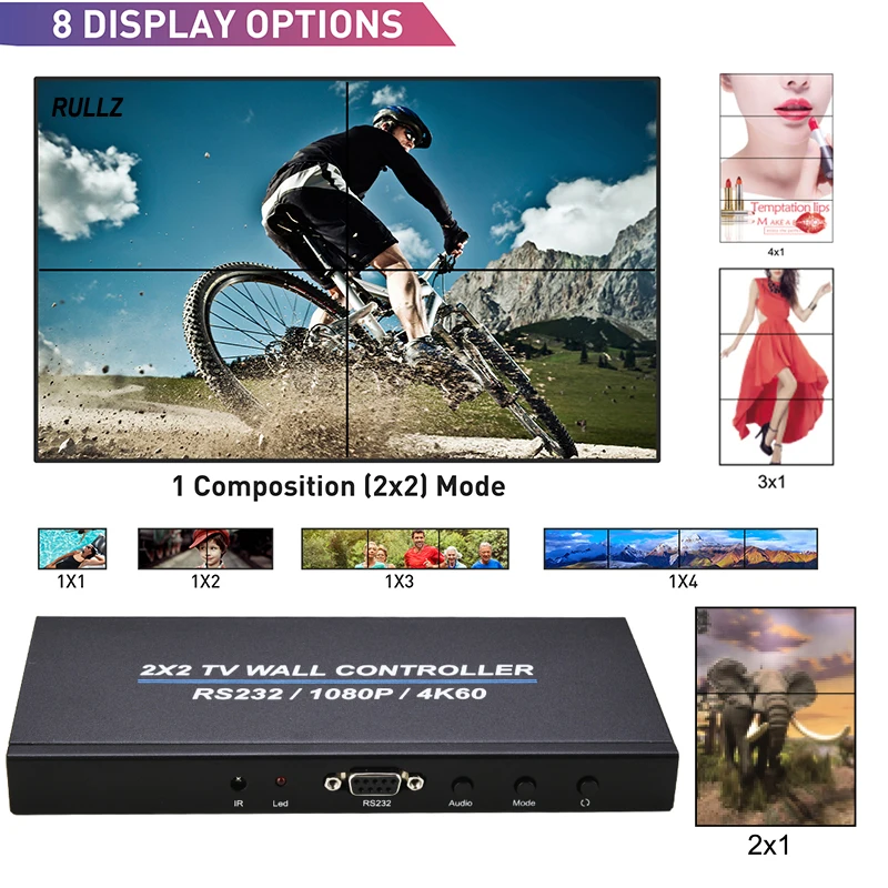 

Настенный ТВ-контроллер 2x2, 4K, 60 Гц, 1x2, 1x3, 1x4, 2x1, 3x1, 4x1, HDMI видеопроцессор, 4 ТВ-приставки для сшивания, многоэкранный устройство RS232
