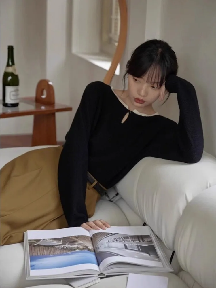 Высококачественный вязаный свитер контрастных цветов для женщин на осень и зиму