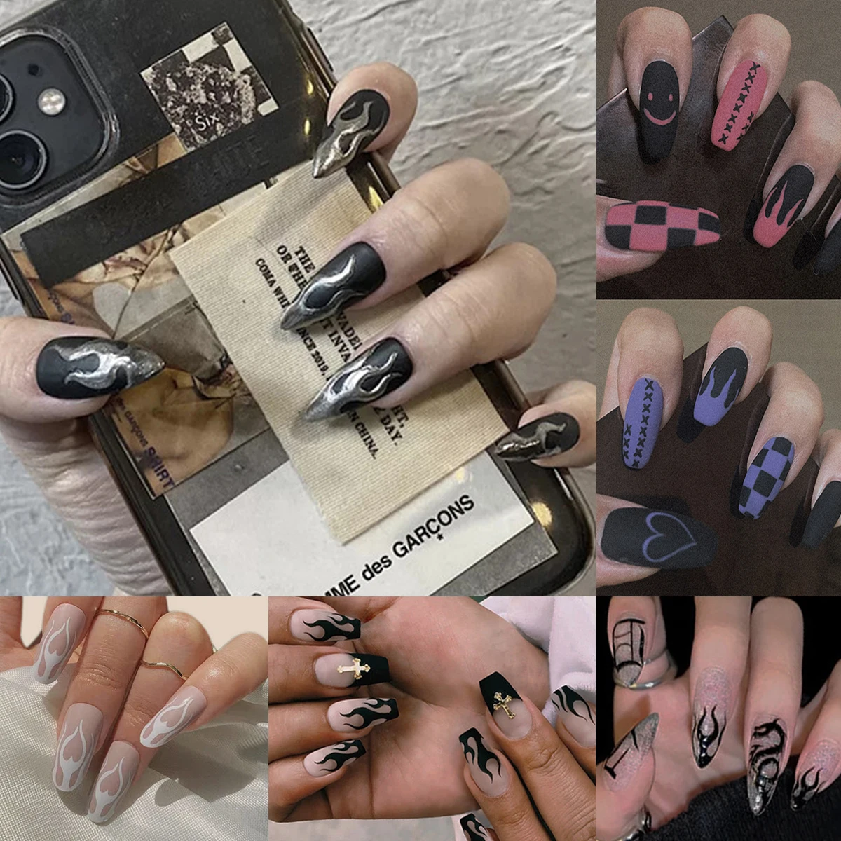 

24PCS False Nails with Glue Rhinestones Long Detachable Fire Stick on Nails Coffin Flame Press on Nails Art DIY Manicure Tool