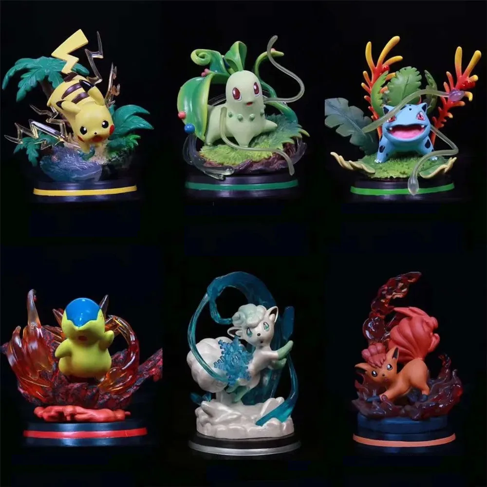 NEW 14cm Anime Pokemon Cyndaquil Vulpix Bulbasaur Chikorita Pikachu Scene Ver. PVC Action Figure Collectible Model Toys Gifts