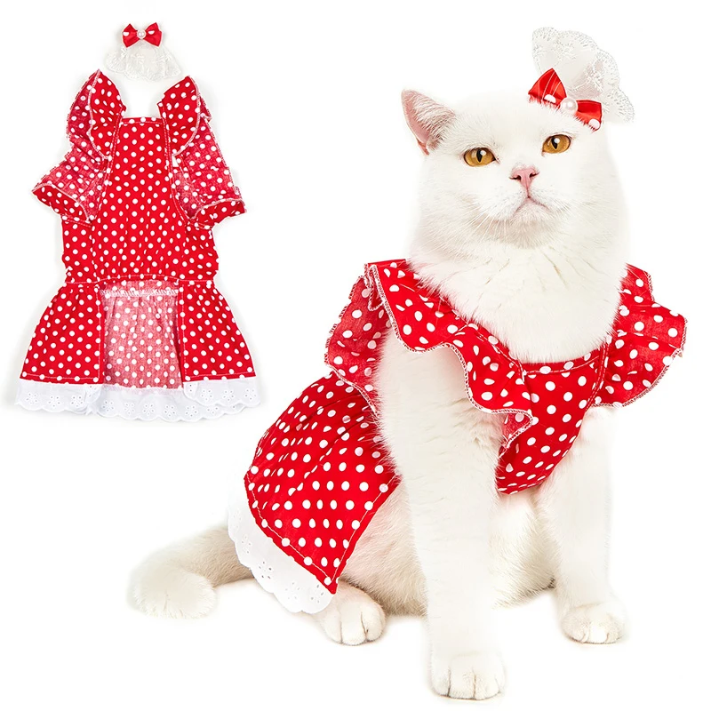 

Fashion Breathable Pet Skirt Princess Style Polka Dot Bow Dress Flying Sleeve Skirt Sweet Comfortable Cat Puppy Short Skirt New