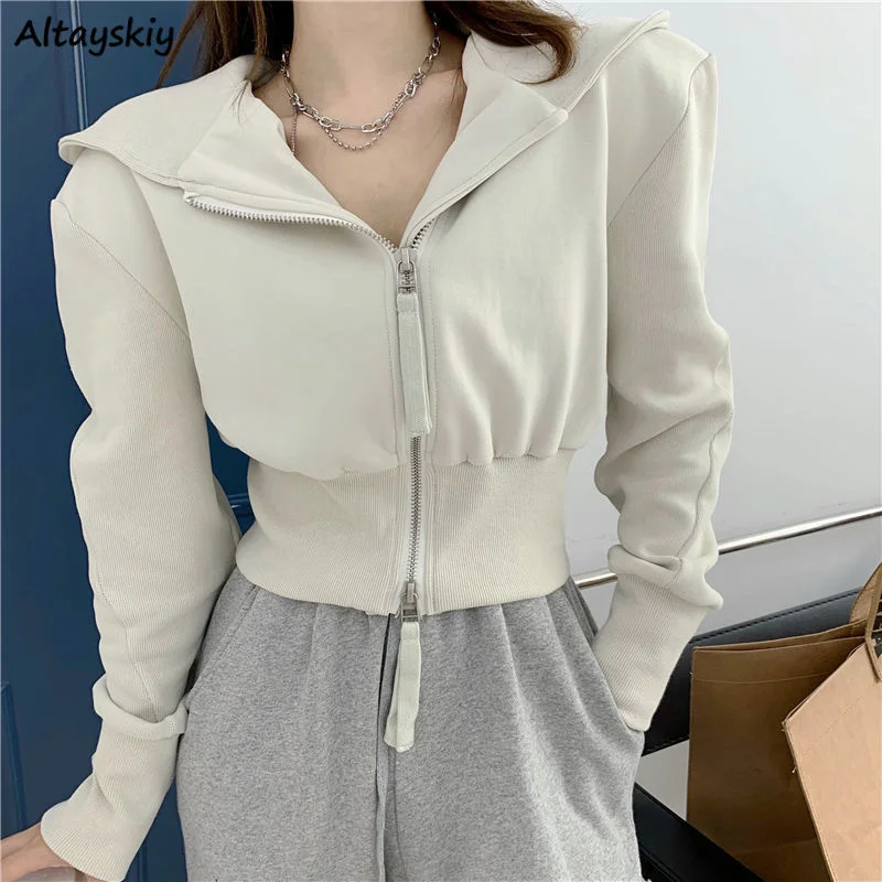 

Hoodies Women Zipper Female Spring Ulzzang High Street Students Long Sleeve Hooded Zip-up Newest Retro Cropped Girls BF Clothing
