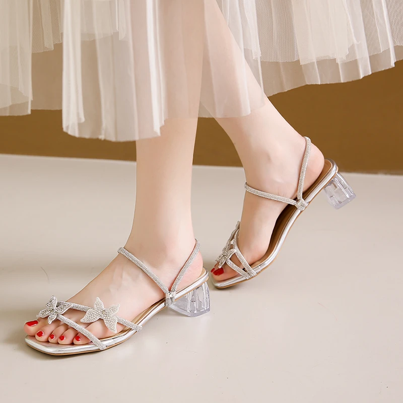 Летние тапочки на каблуке с кристаллами для женщин модные женские сандалии