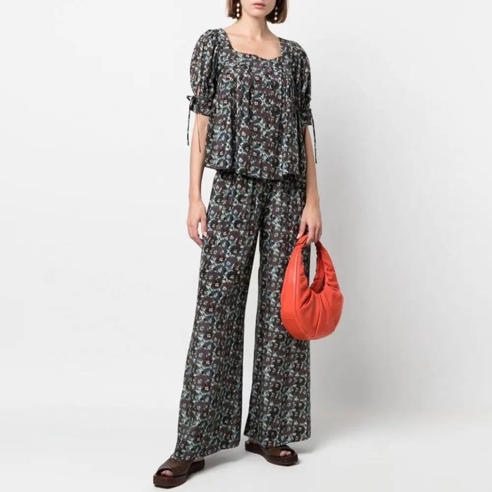 100% silk Ladies Print Suit square collar short sleeve fashion blouse tops + high waist wide leg trousers