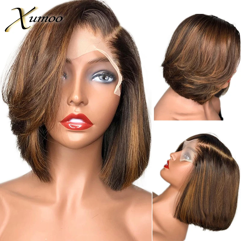 Highlight Chocolate Brown Color Short Bob Wave Pixie Cut Transparent  4X4 Lace Closure Human Hair Wigs For Women Prepluck Remy