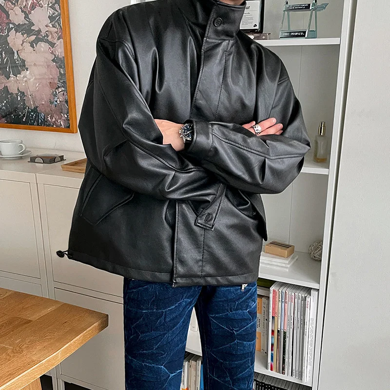

ZCSMLL Men PU Leather Jacket Autumn Winter Korean Fashion Loose Fashion High Street Versatile 2022 Casual Male Short Coat