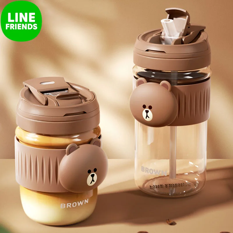 

LINE FRIENDS BROWN Straw Glass Water Cup 400ml/580ml New Portable Creative Cartoon Outdoor Milk Coffee Double Drinking Glass Cup