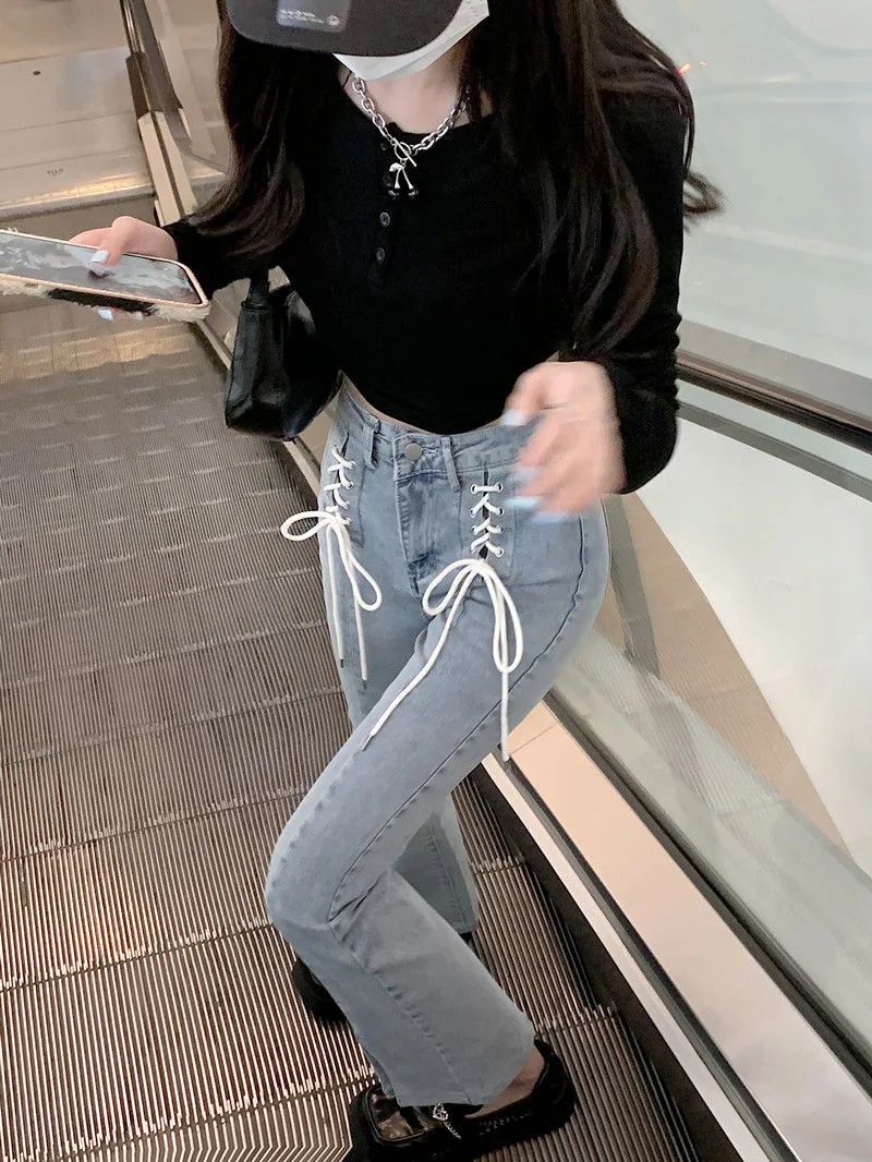 CGC Vintage Lace High Waist Women Flared Jeans Casual Wide Leg Denim Pants Korean Fashion Straight Streetwear Jeans Trousers