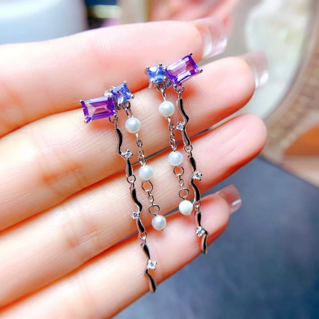 

MeiBaPJ Natural Tanzanite Amethyst Luxurious Tassels Drop Earrings for Women 925 Sterling Silver Fine Wedding Jewelry