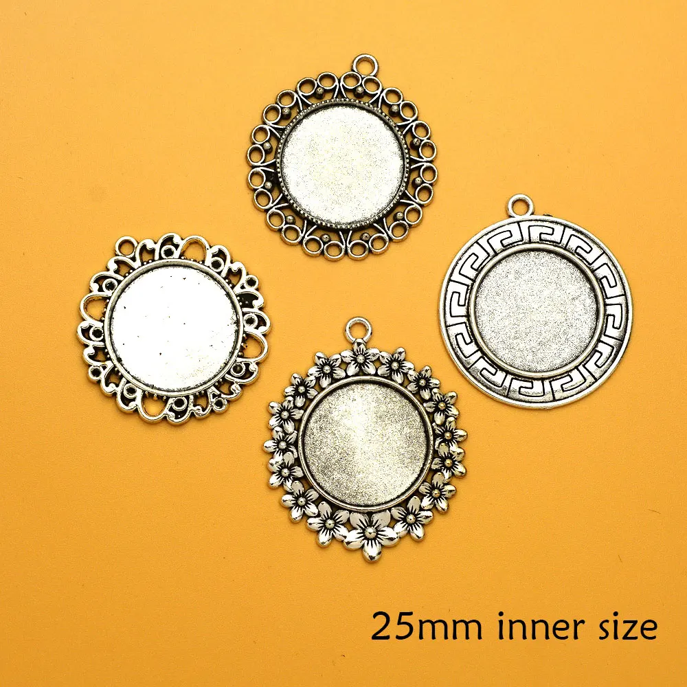 

25mm Inner Size Silver Bronze Plated Flower Cameo Round Bezels Blank Pendant Cabochon Base Setting Wedding Bouquet Accessories