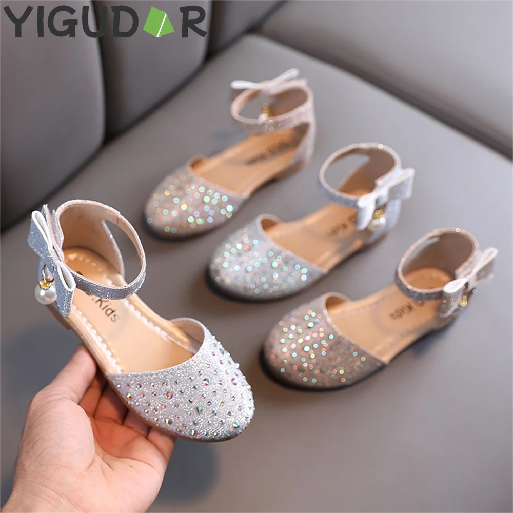 

Сандалии кожаные для девочек, модная обувь с бантом, с жемчугом и стразами, симпатичные босоножки принцессы, обувь для девочек