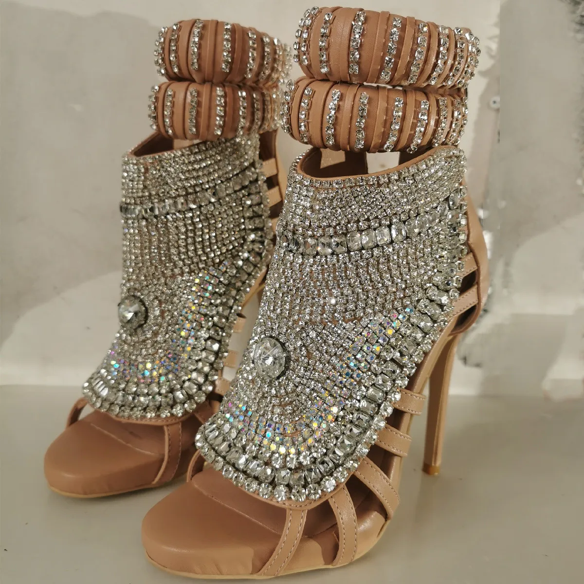 Bling Rhinestones Luxury Roman Boots Sandals Nude Color Leather Open Toe Cover Heels Zip Stiletto Female Designer Shoes Summer