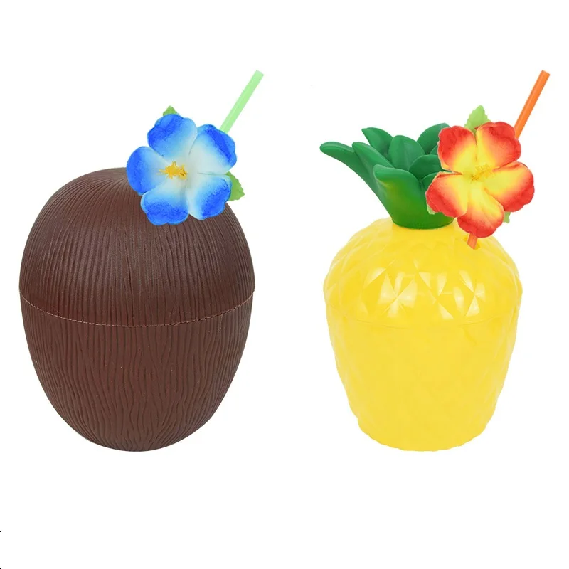 

Hawaii Party Coconut Pineapple Cups with Straw Luau Flamingo Summer Beach Party Birthday Hawaiian Party Tropical Decorations
