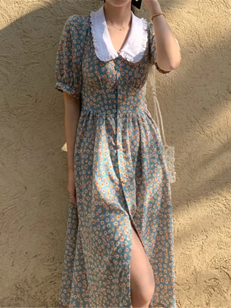 

A GIRLSChiffon Summer Dresses For Women 2022 Fashion Female Puff Sleeve Vintage Floral Print Peter Pan Collar Boho Dress Casual