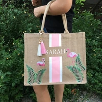 Custom Flamingo Tote Bag Bachelorette Gift Bag Burlap Personalized Beach Tote Tropical Bridesmaid Gift Ideas Beach Tote Bags