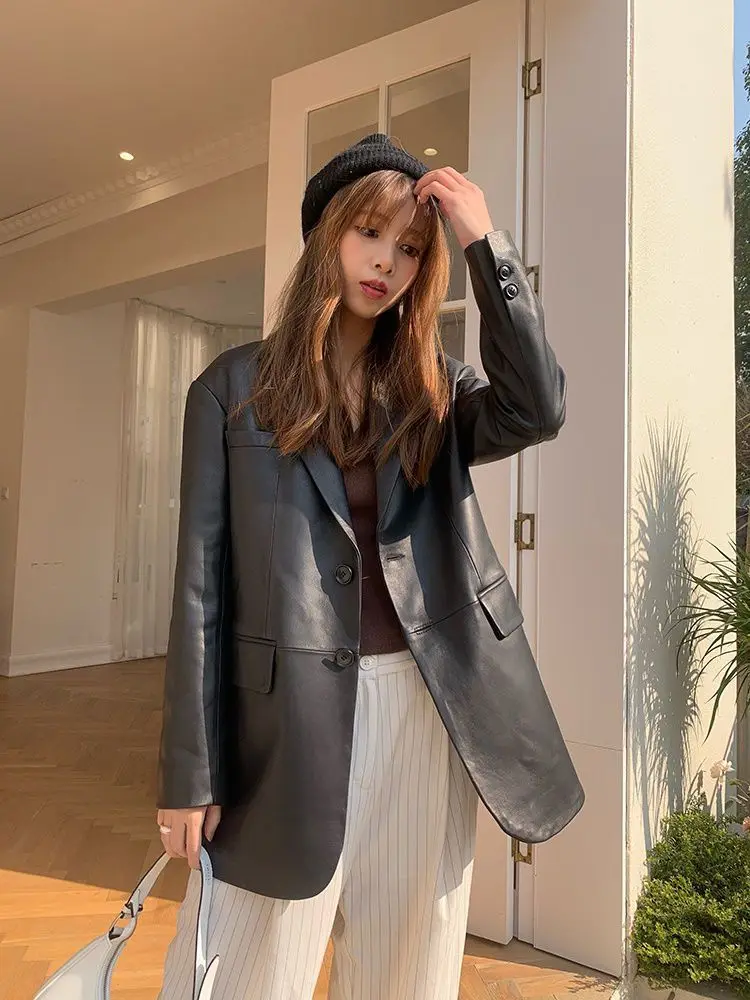 Pu leather suit jacket female spring 2023 new loose temperament high sense small suit jacket top