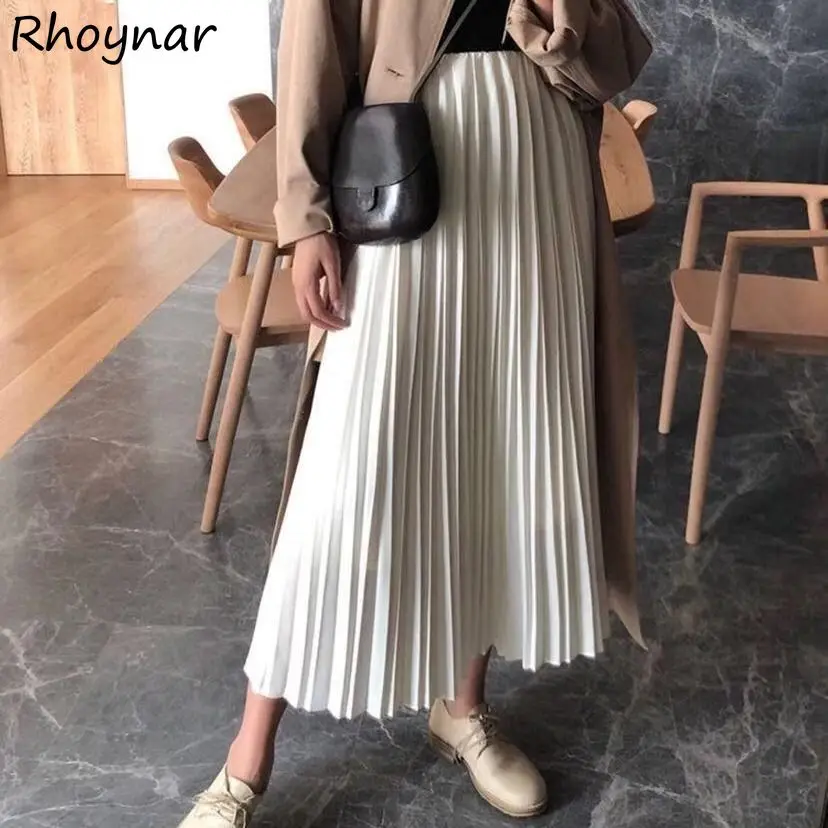 

Pleated Skirts Women White Spring Empire Fairy Simple All-match Casual Ladies Tender Elegant Mid-calf Jupe Femme Soft Korean Ins
