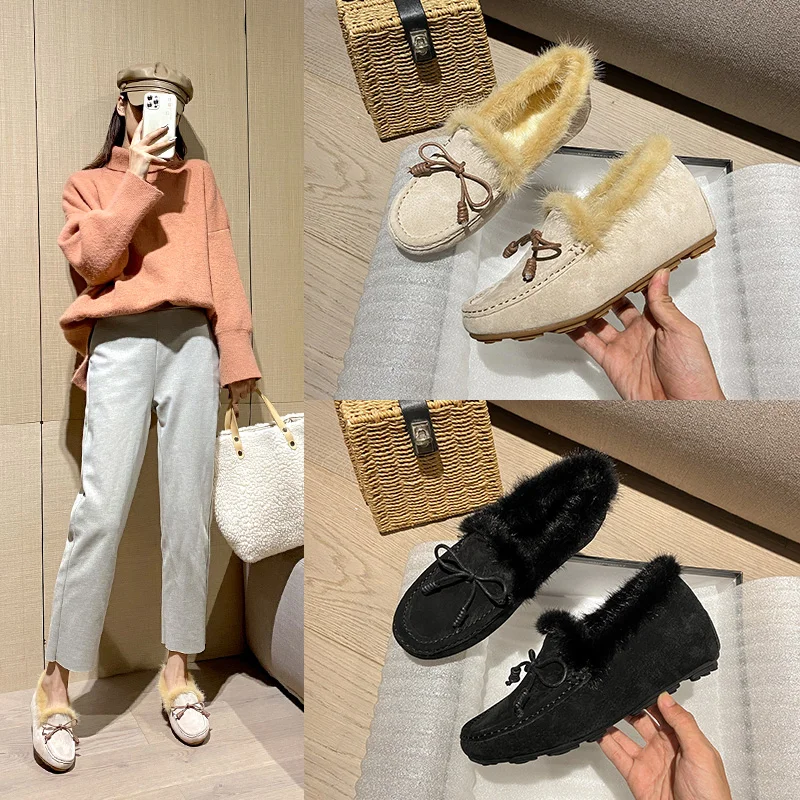 

MythLuo Penny Fur Loafers Winter Shoes Flat Shoes Moccasins Soft Ladies Casual Walking Driving Comfort Slip-On Fashion Boat Shoe