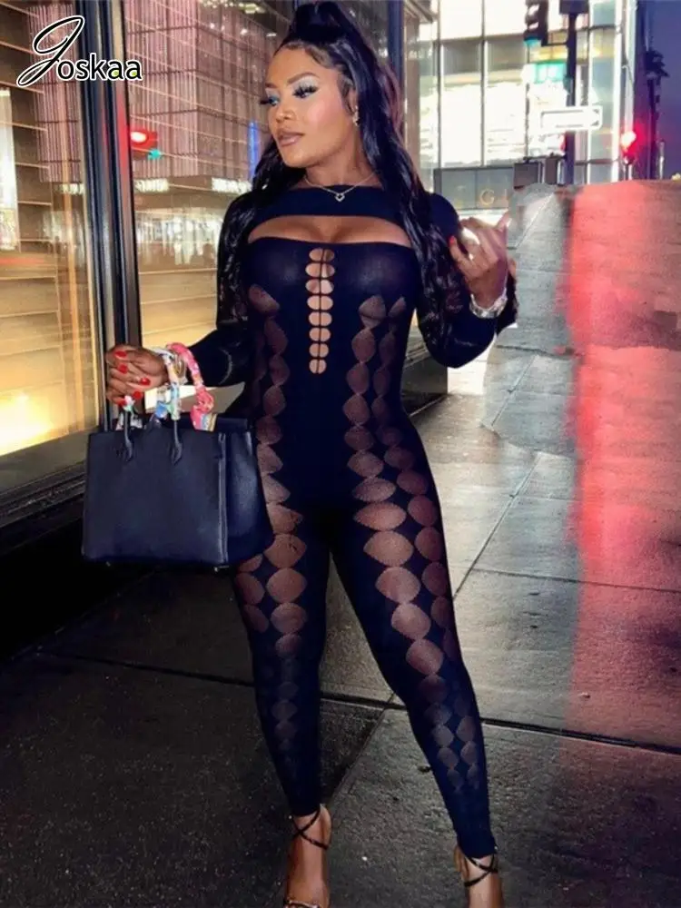 

Joskaa Sexy Cut Out Black Jumpsuits Women Stunning See Through Low Cut Full Sleeve One Piece Rompers 2023 Midnight Clubwear