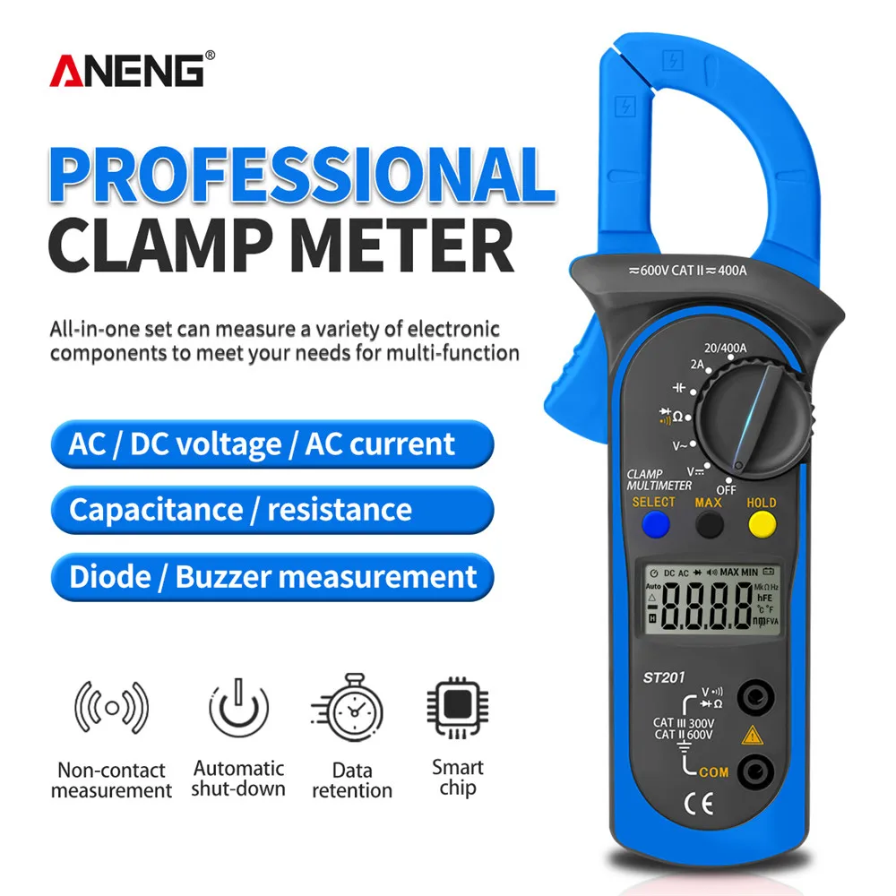 ANENG ST201 Digital Clamp Multimeter Transistor Capacitor Tester Automotive Electrical Capacitance Meters Ammeter Voltmeter