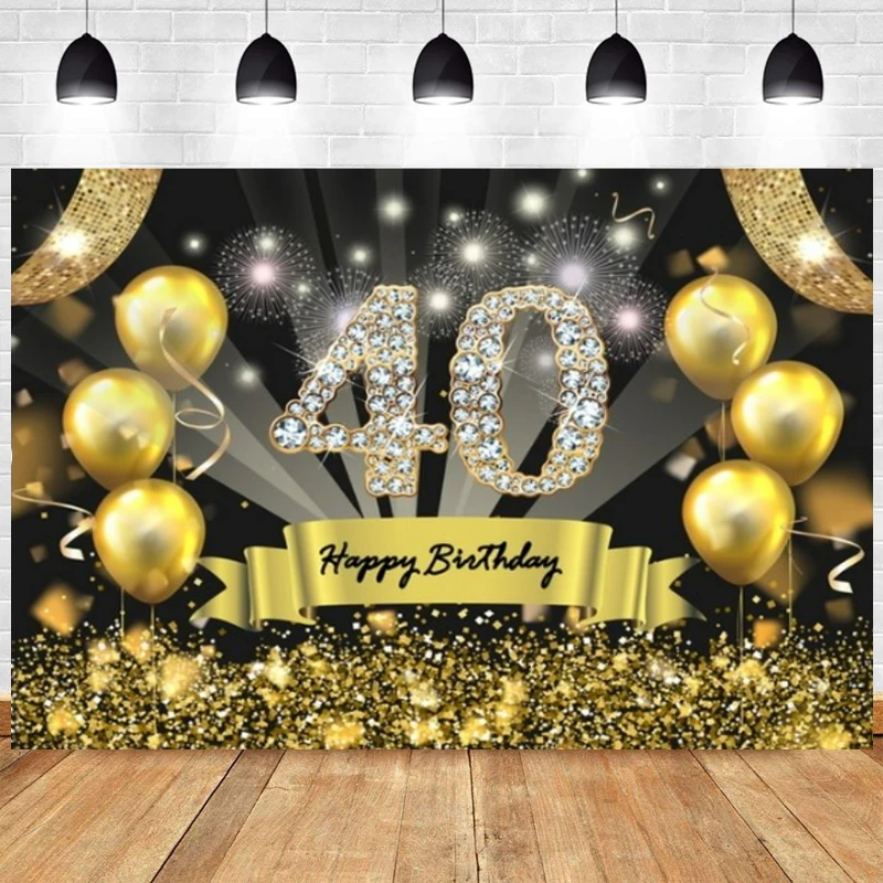 

Black Gold 40th Backdrop For Woman Man Happy Birthday Party Balloon Photograph Background Banner Decoration Prop